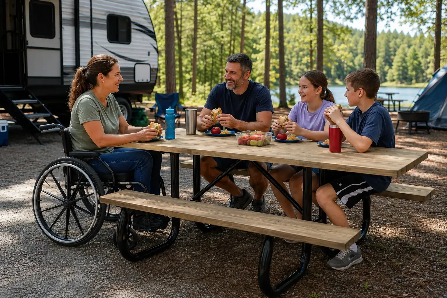 Wheelchair user dining with family at an accessible wood picnic table in a campground.